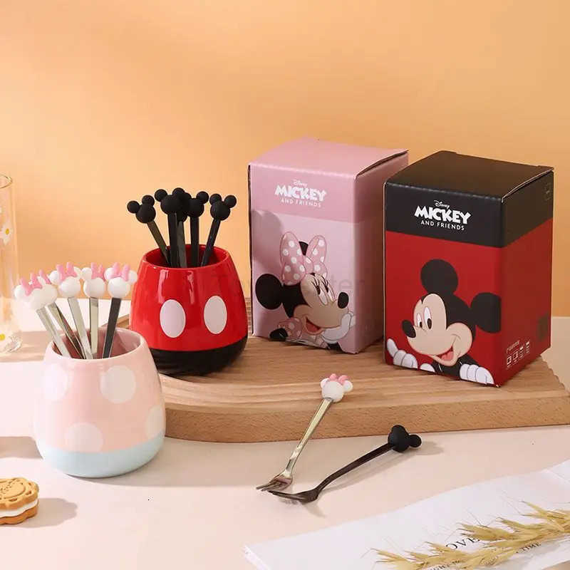 Disney Kawaii Mickey Minnie stainless steel fruit fork set household child safety fork with storage ceramic jar gift wholesale H251215