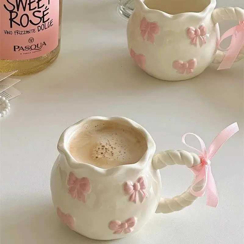 Cute Bow Thicke Ceramic Cup Hand Bow Irregar g Cups Coffee Milk Drinks Cup H251215