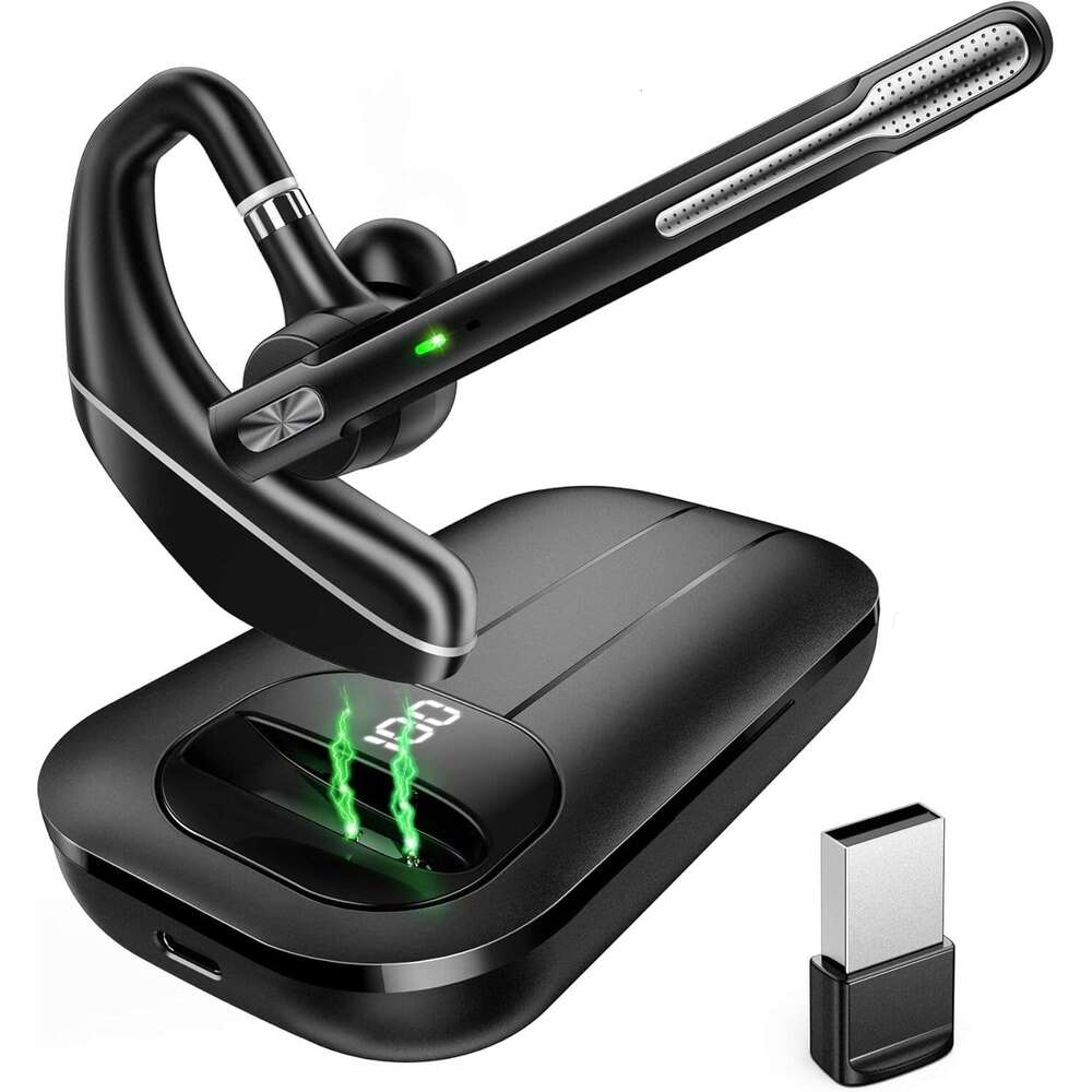EKVANBEL Bluetooth Headset V5.3, Wireless Earpiece 1000mAh Charging Case, 96H Talktime, Hands Free Noise Canceling Headphones with Dual-Mic for Comput