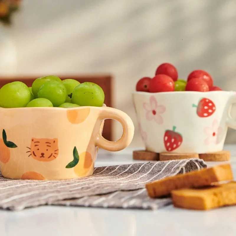 300ml Cute Hand Pinched Ceramic gs Hand drawn Flowers Coffee Cup Student Breakfast milk oatmeal cup Gift Off Water cups H251215
