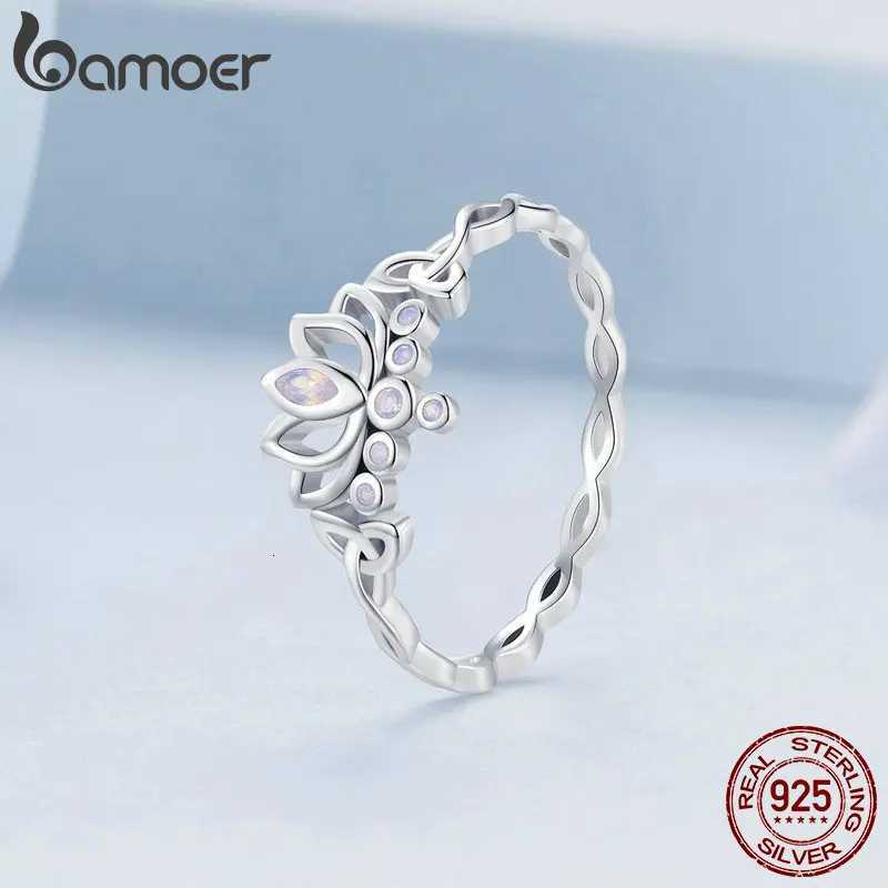 Bamoer Lotus Ring 925 Sterling Silver Elegant Flower Purple Zircon Women Unique Natural Plant Design M251215