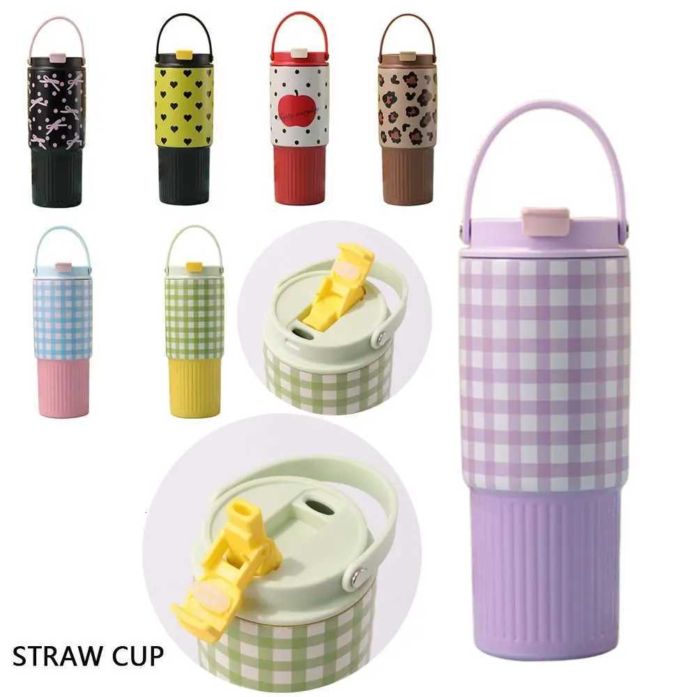 800ML Stainless Steel King Cup With Handheld Insulation Or Cooling Vacuum Straw Cups Bow Love Grid Print Insulated Cup H251215