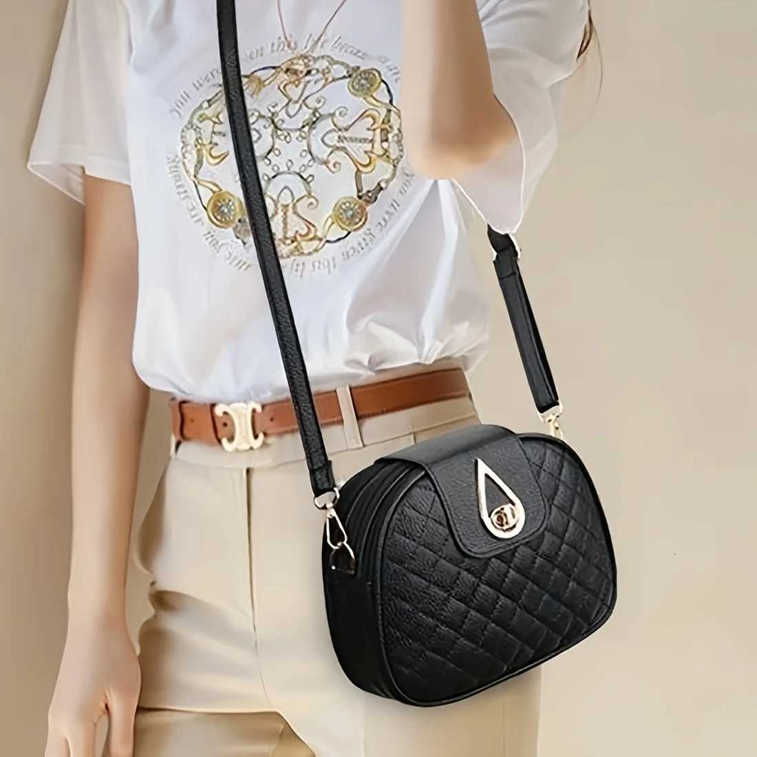 Women Stylish Black Crossbody Bag 3 Compartment Purse with Golden-Tone Hardware Polyester Lining for Everyday Use Work TravelT251215