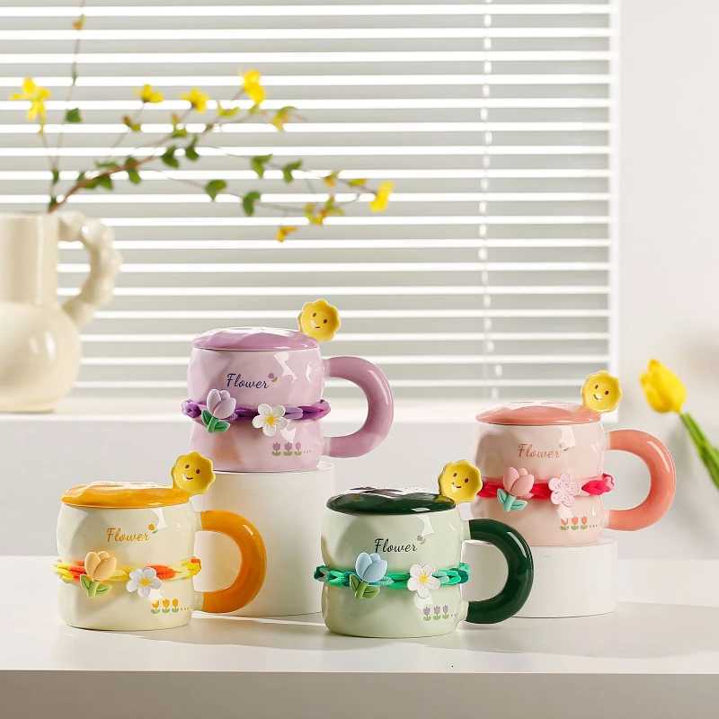Girls Household Lovely Flower Ceramic Cup with Lid Spoon Advanced g Tip Cup H251215
