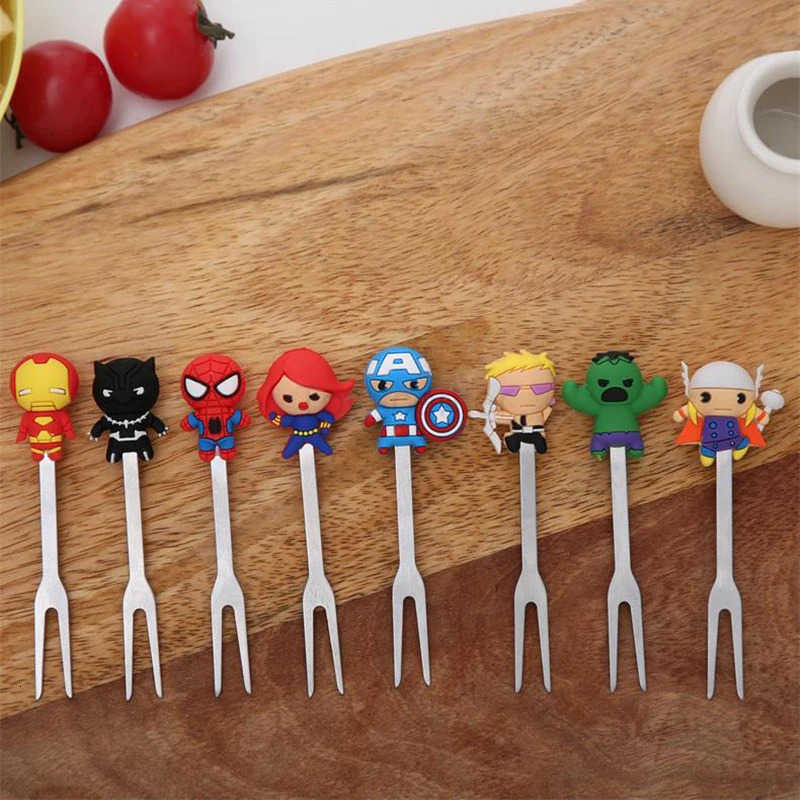 Disney Marvel Avengers Cutlery Anime Figure Iron Man Spiderman Hulk Stainless Steel Silicone 8pcs/Set Fruit Forks H251215