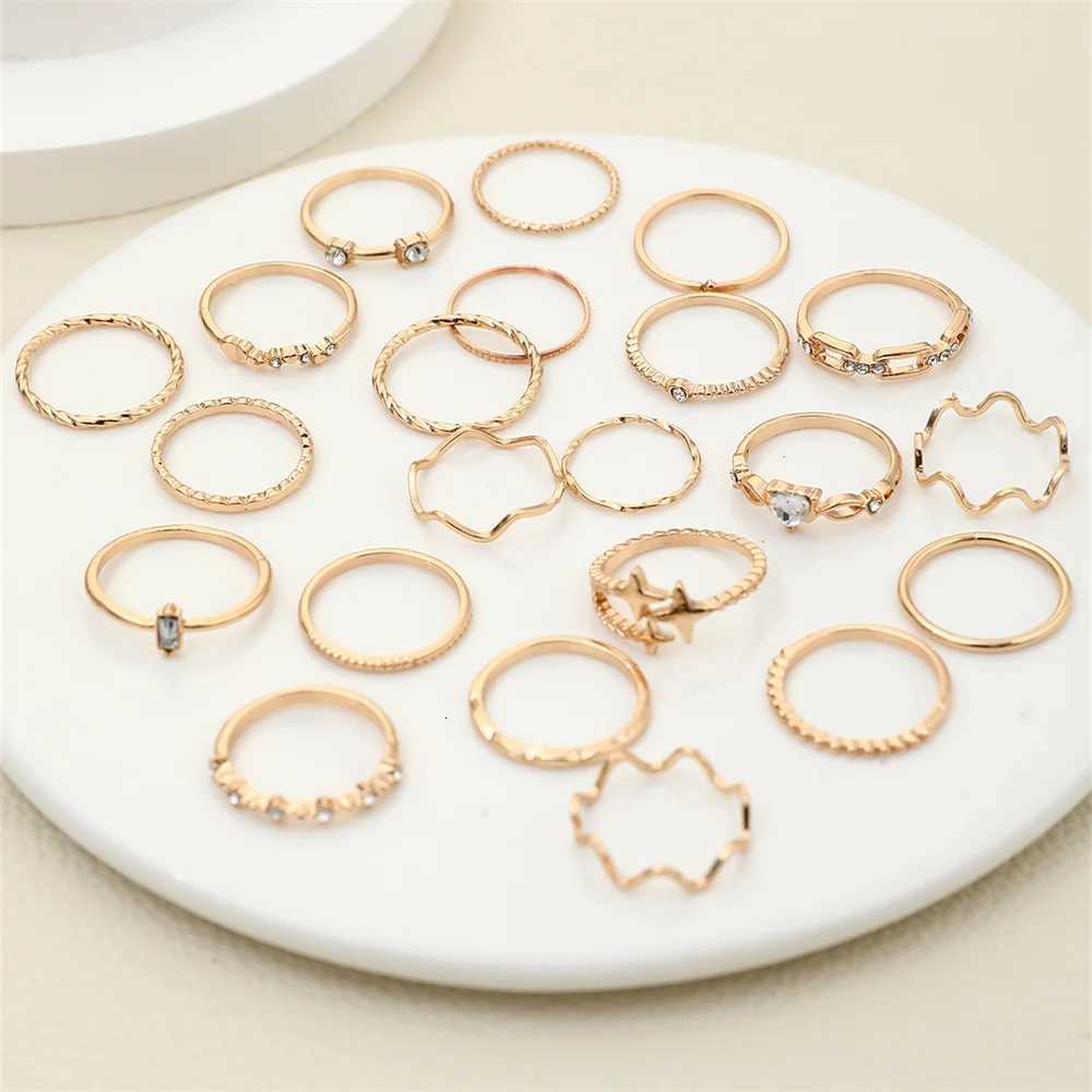 22Pcs/Set Bohme Fashion Style Heart Diamond Ring Simple Metal Star Geometric Ring For Women M251215