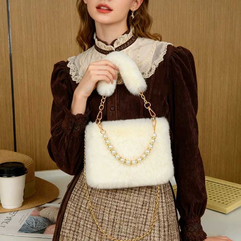 Fashionable Pearl Rabbit Fur Handbag Womens Crossbody Bag Chain Design Winter Small Versatile Shoulder BagT251215