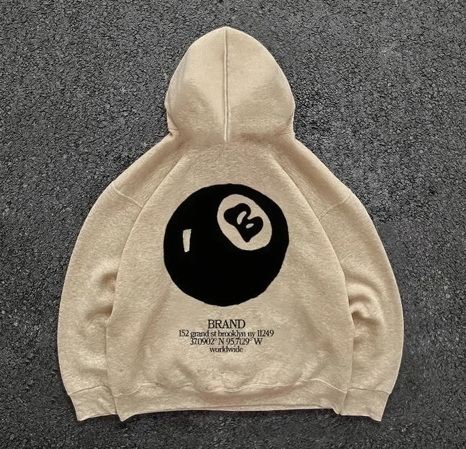 Retro 8-ball pattern hooded mens streetwearoversized pullover casual and fashionable sportswear daily wear and hip-hop style 251212