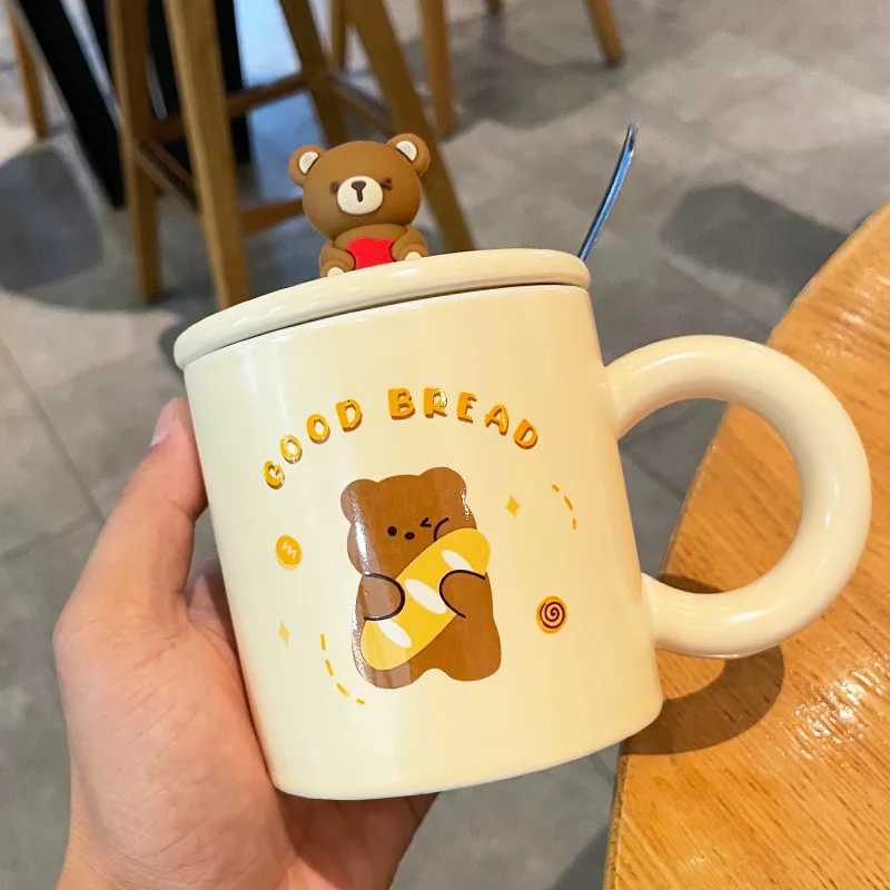 Creative Bear Ceramic gCute Cartoon Coffee gs with Lid SpoonBreakfast Milk Drink CupsCouple Water CupOff Tea Cup Set H251215
