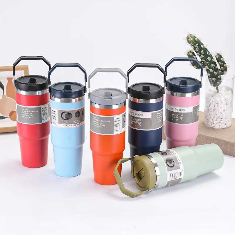 30oz Large Capacity Portable Car Cup Stainless Steel Thermos Cup with Straw Handle Travel Sports Water Bottle Vacuum Flask H251215