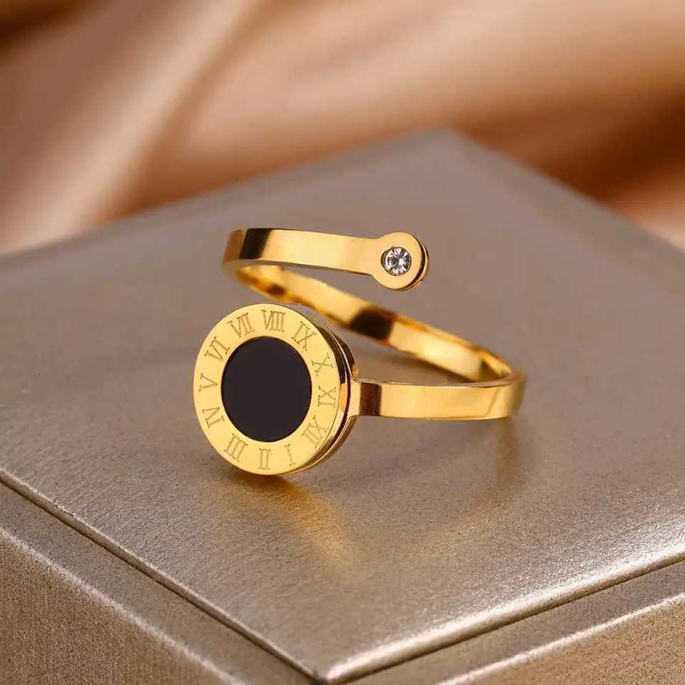 UILZ Classics Roman Numeral Black Shell Open Rings For Women 18k Gold Plating Titanium Steel Tail Ring Not Fading Jewelry Gift M251215