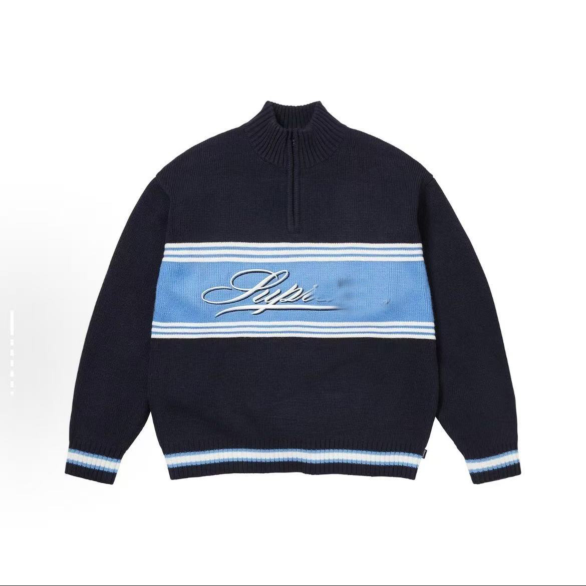 FW25 Script Stripe Half Zip Sweater Embroidered knitwear Tops Autumn Winter Coat Embroidered Stand Up Collar Color Blocked Long Sleeve Sweater