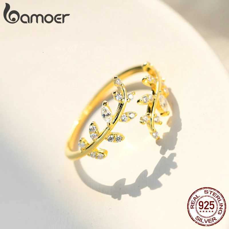 BAMOER 925 Sterling Silver Open Ring Plated 14 Gold Zircon Adjustable Ring for Women M251215