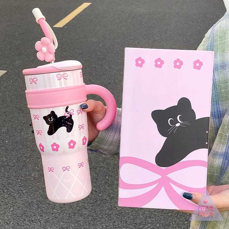 700/1200ml Stainless Steel Thermos Bottle Cute Ins Cat Straw Cup Large Capacity Water Bottle Car Outdoor Travel Coffee Mug Gift H251215