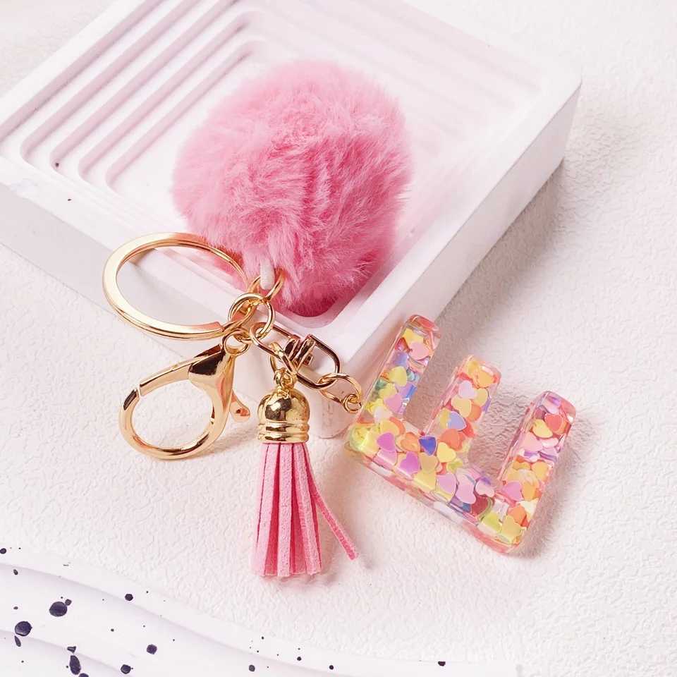 Trend Acrylic Pink Pompom Glitter 26 Initials Letter Keychain With Fluffy Resin Alphabet Charms Key Pendant Party Gift M251215