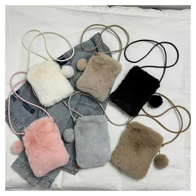 Plush Phone Bag Autumn and Winter Solid Color Elegant Womens Durable Girl Fur Hanging Rope Bag Crossbody Coin PurseT251215