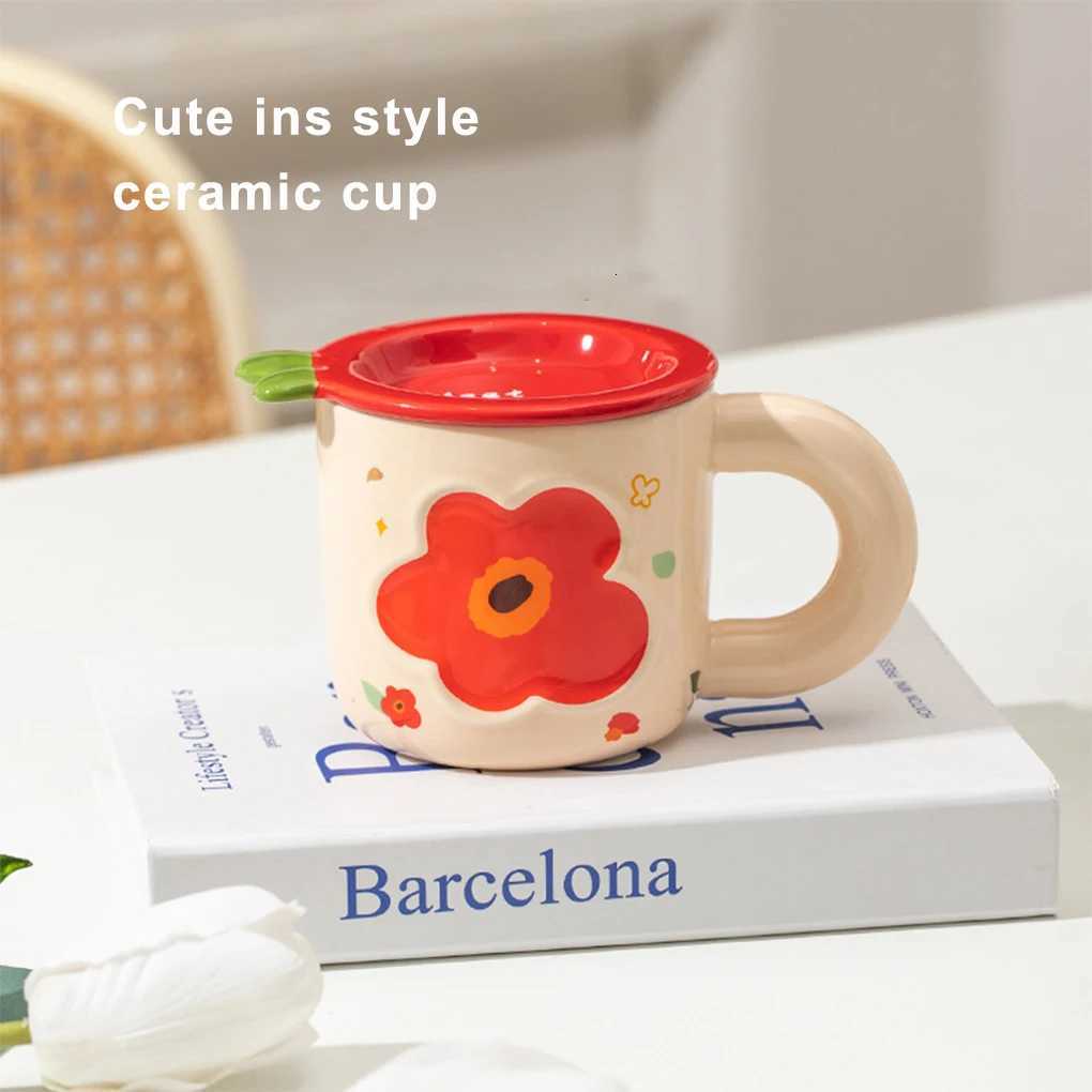 g Ceramic Lid Coffee gs Flower Pattern Breakfast Cup Handle Restaurant Kitchen Off Teacups Drinking Supplies Red H251215