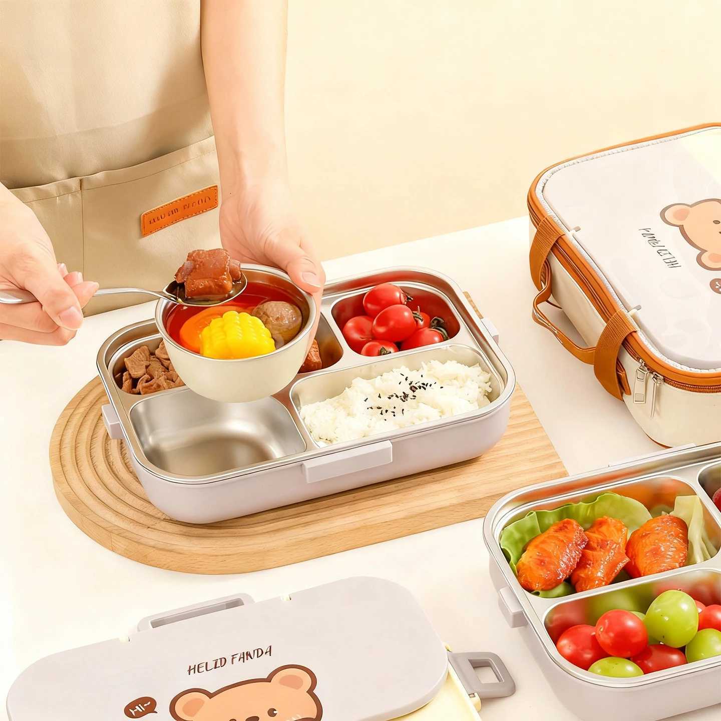 WORTHBUY 1500ml 304 Stainless Steel Lunch Box For Kids With Cutlery Bowl 4/5 Grid Portable Large Capacity Food Lunch Container H251213