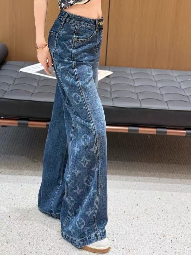 Plus size street clothing retro fashion high waist wide leg trousers letter hip-hop style loose women's jeans can be worn to 200 kg. Z260313