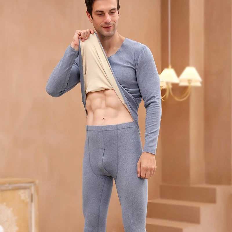 Plus Size Thickened Thermal Underwear Set Men Fleece Solid Color Autumn Clothes and Long Pants Soft Crew Neck warm pants G251215