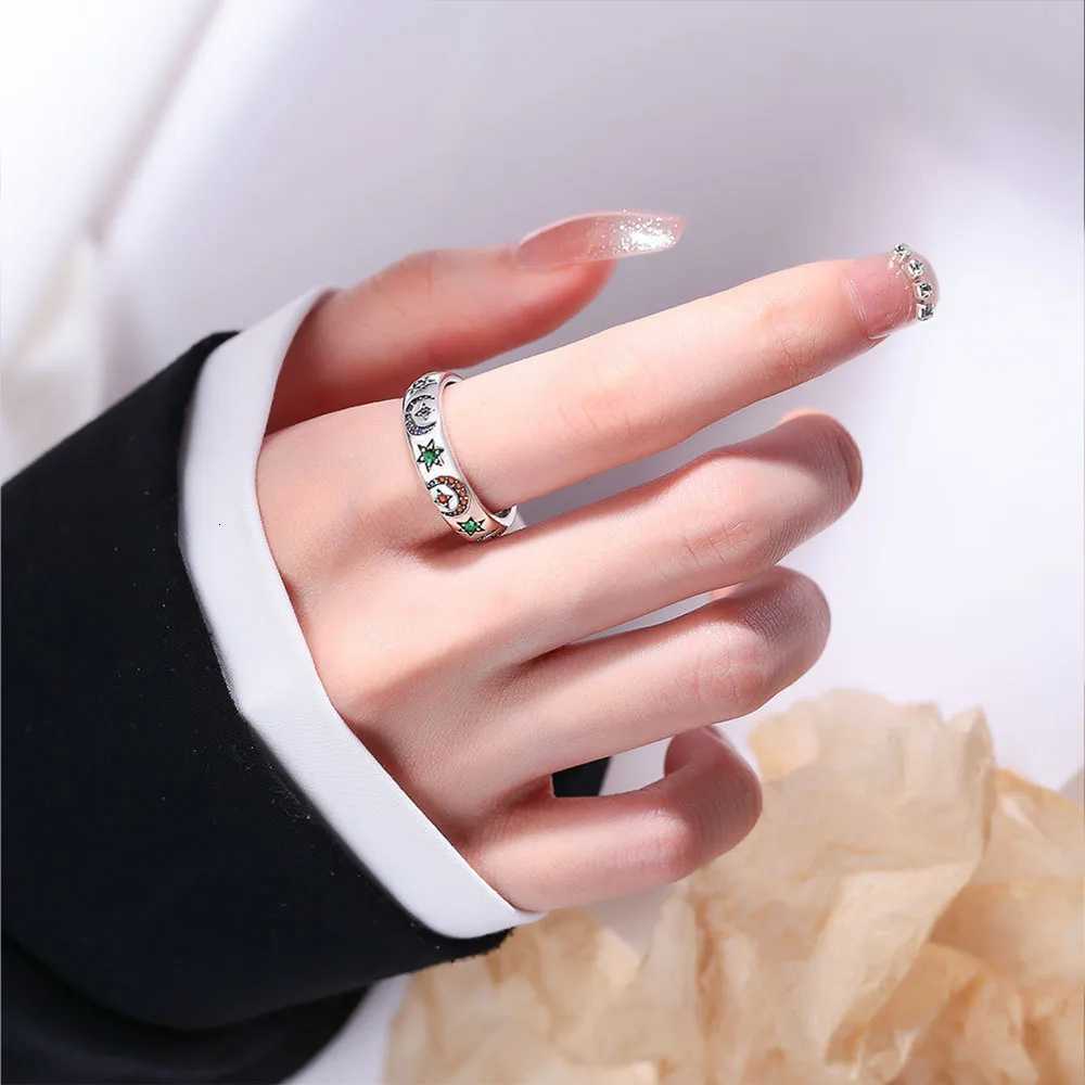 Buyee 925 Sterling Silver Female Ring Finger Moon Star Crtystal Open Ring for Women Fashion Party Fine Jewelry Circle Gift M251215