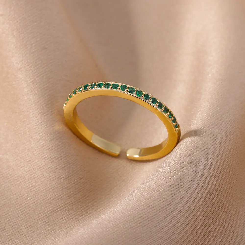 Mini Zircon Green Rings For Women Stainless Steel Gold Color Adjustable Finger Ring Engagement Wedding Christmas Jewelry Gift M251215