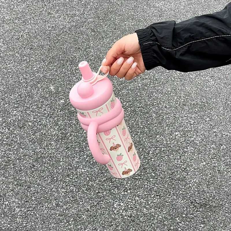Cute Vacuum Thermos Bottle Double Wall Insulated Straw Tumbler Leakproof Tumbler with Handle Thermos for Car Camping Drinkware H251215