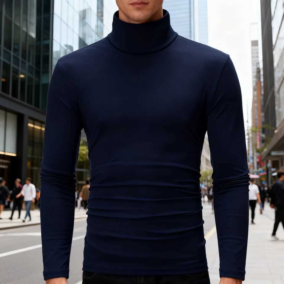 2025 Autumn Winter Mens High Neck T-shirt Slim Fit Fashion High Elastic Long Sleeve Cotton Casual Breathable Apparel Pullover G251215