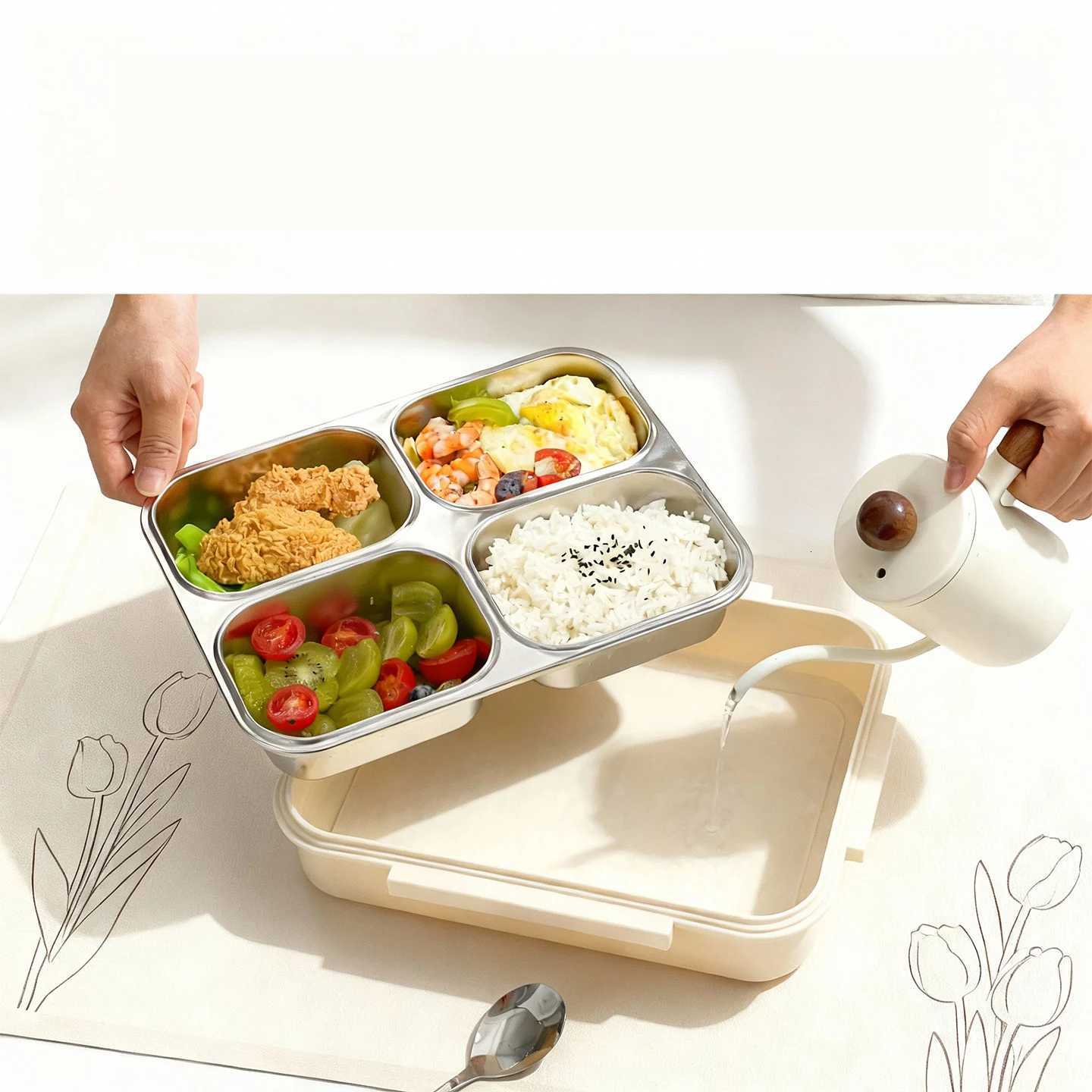 304 Stainless Steel Bento Lunch Box With 2/3/4 Cpartments Microwave Safe Portable Leak-proof Food Container For Kids Students H251213
