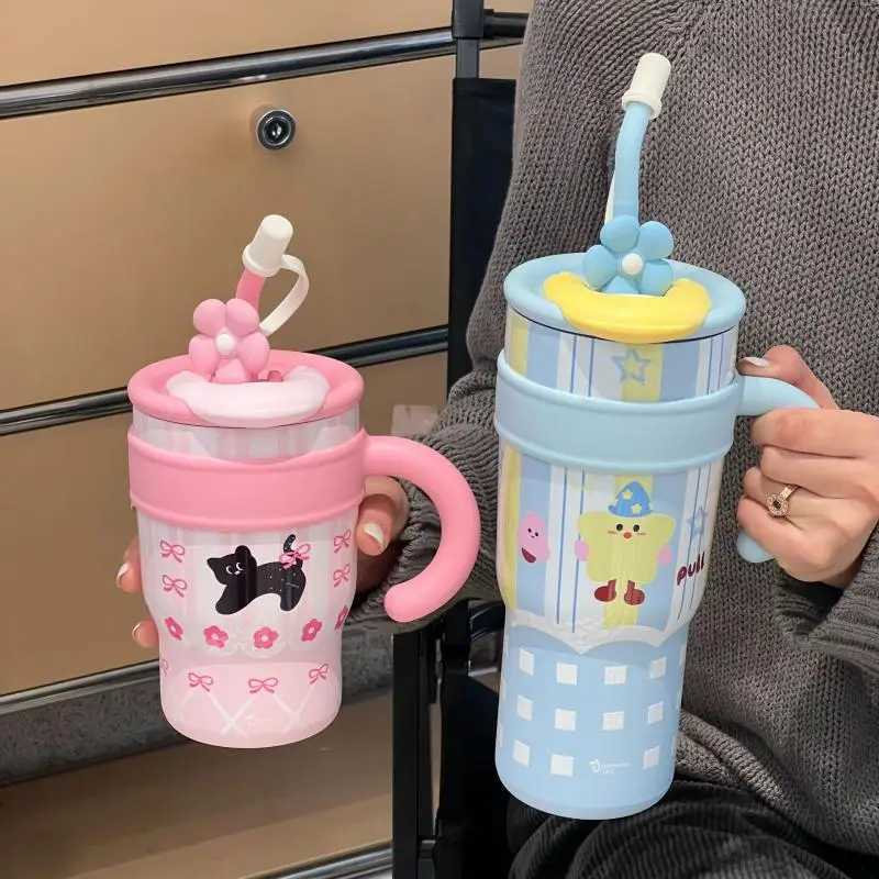 1Pieces 700/1200ml Stainless Steel Thermos Bottle Cute Ins Cat Straw Cup Large Capacity Water Bottle Car Outdoor Tableware H251215