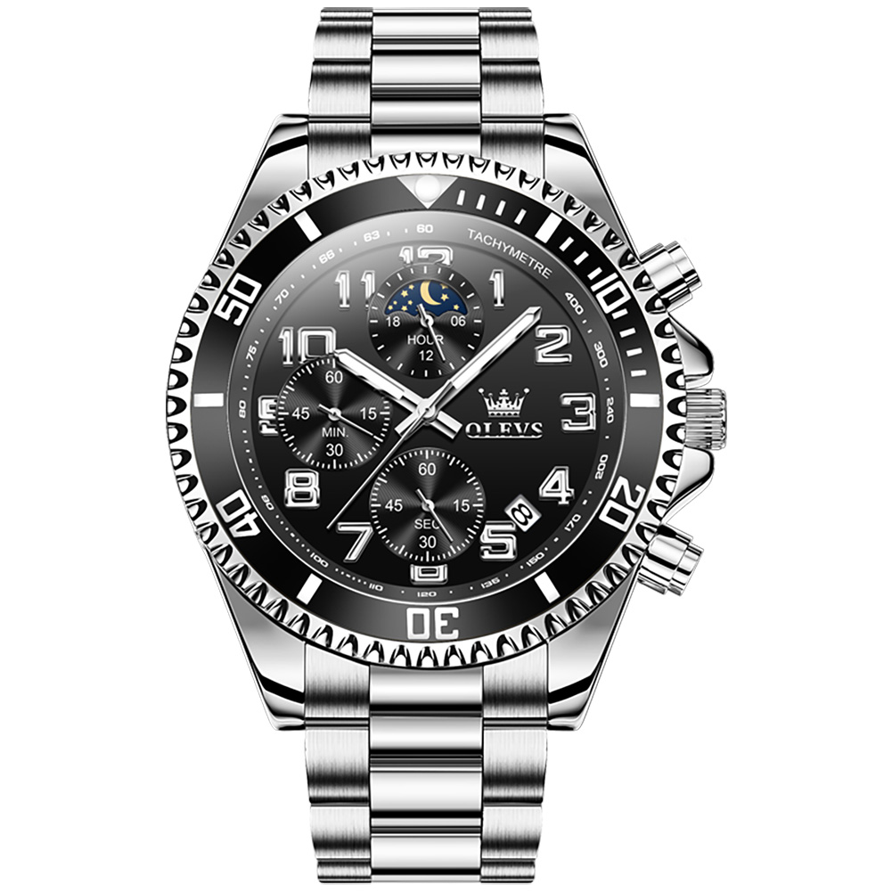 OLEVS True three pin multifunctional moon phase watch for men 30M Waterproof 43MM Hands Numbers EasyRead Date