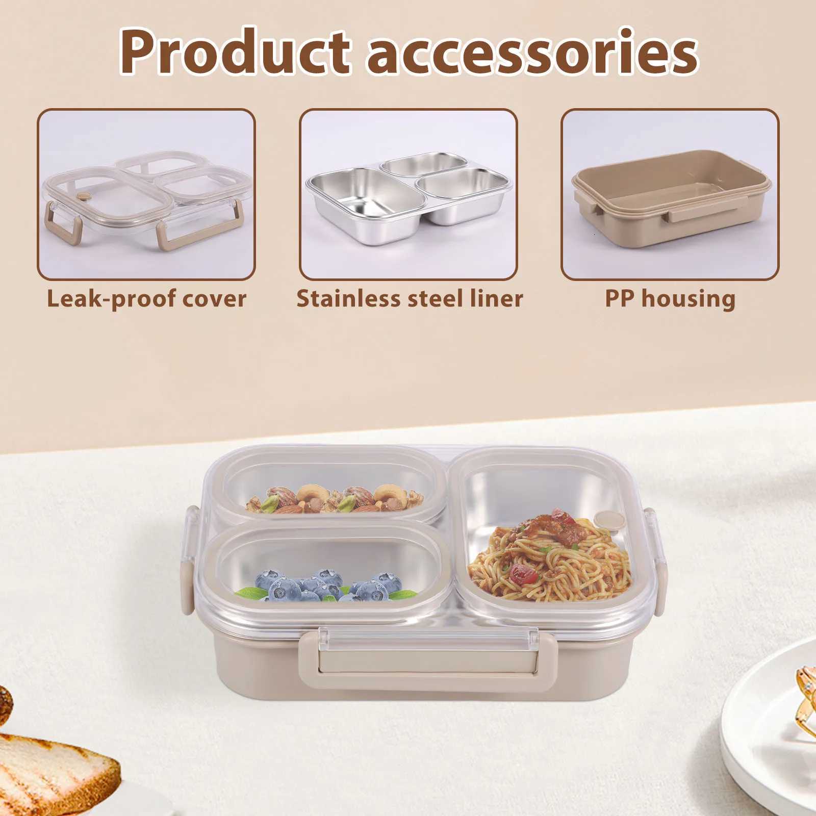 304 Stainless Steel Food Box with 3 Cpartments Reusable Divided Food Storage Container for Kids Adts Students Dishwasher H251213