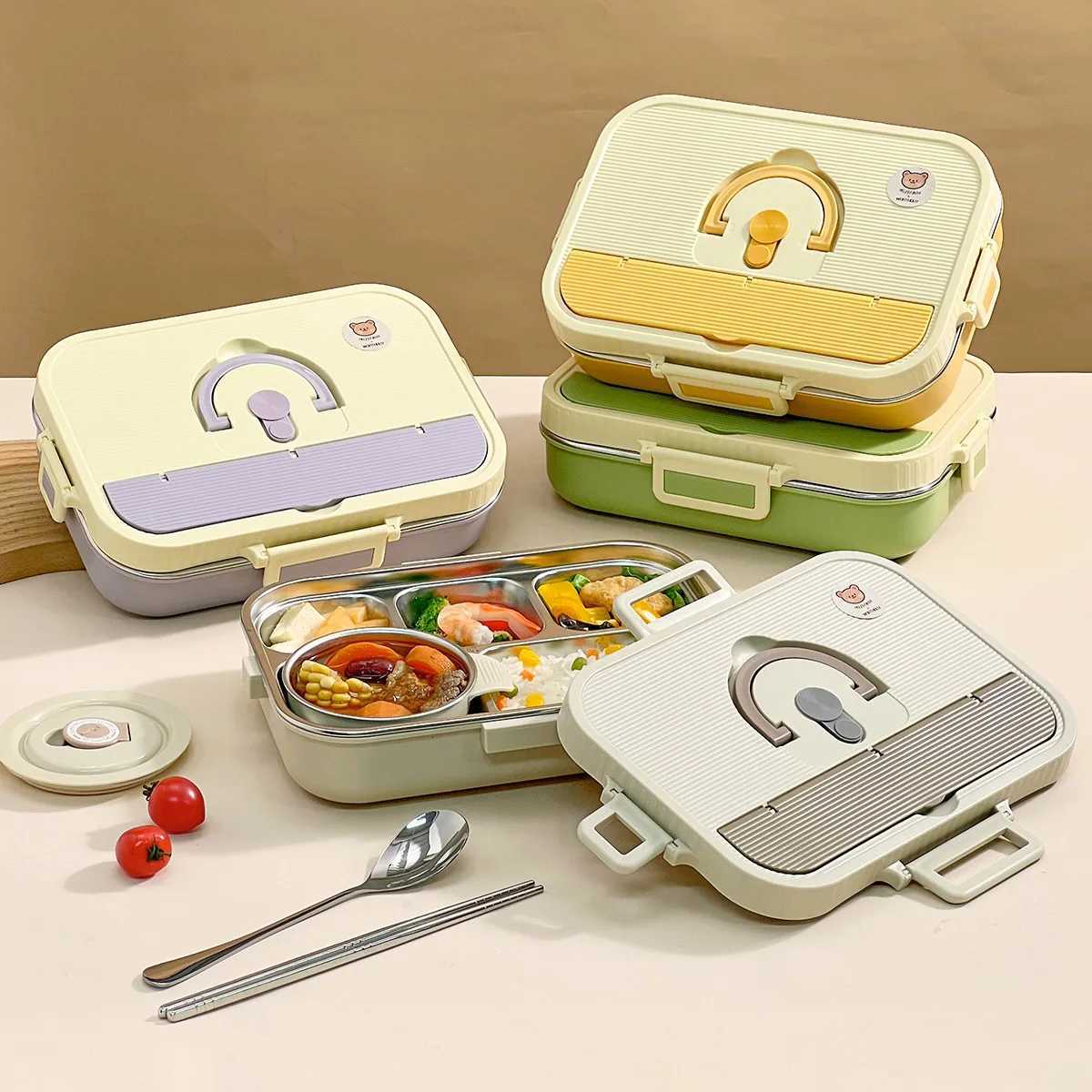 WORTHBUY Large Capacity Lunch Box For Kids Students With Bowl Cutlery 4/5 Grids Sed 304 Stainless Steel Food Container Set H251213