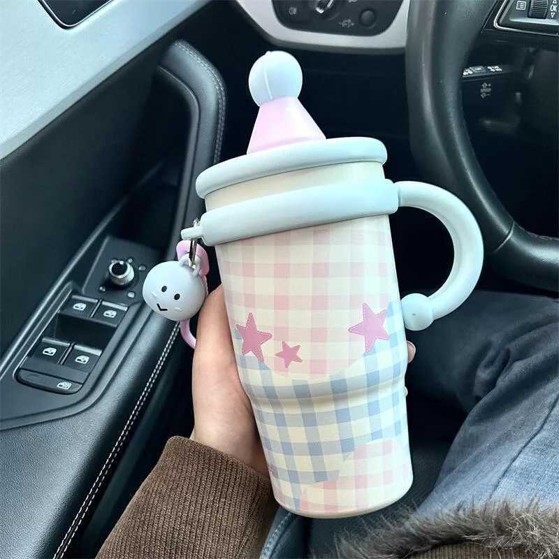 Kawaii Star Thermal Mug Large Insulated Coffee Tumbler Cute Portable Stainless Steel Thermos Bottle With Straw For Car Office H251215