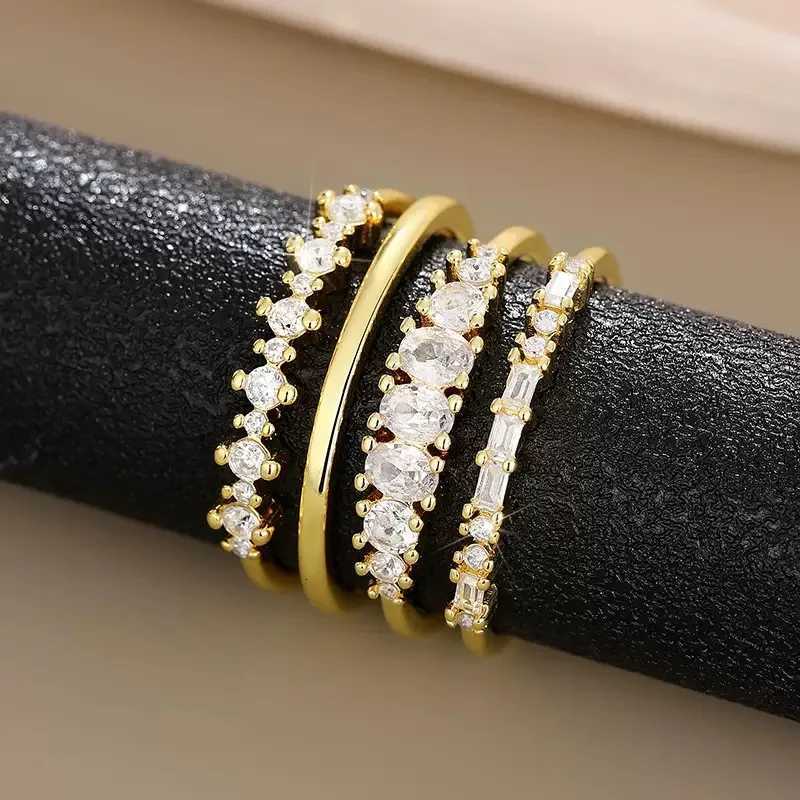 New 4pcs 14k Gold Plated Stacking Rings with Shining Zirconia - Perfect ForWeddings Parties and Everyday Wear M251215