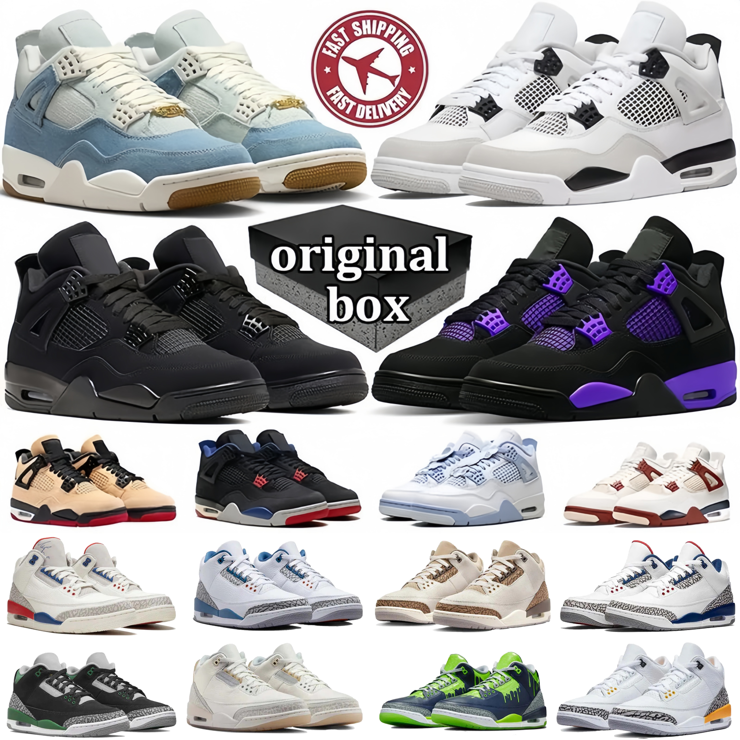 Original Box Designer 4 Basketball shoes Men Women Jumpmman 4s Sneakers Worn Blue Panda Military Black Cat 2025 Purple Thunder Cool Grey Bred Pure Money 3 3s Trainers