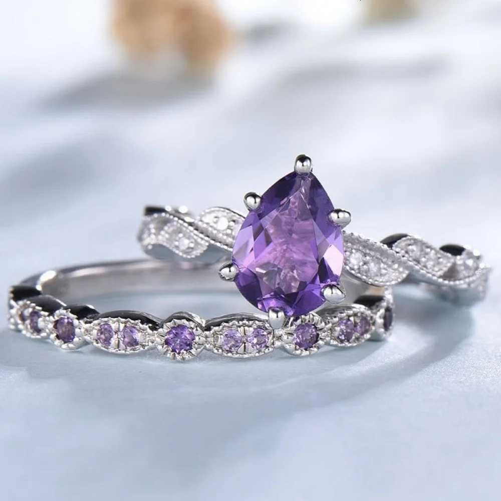 European And American Elegant Water Drop-Shaped Purple Stone Inlaid Double-Layer Womens Luxury Personalized Fashion Party Ring M251215
