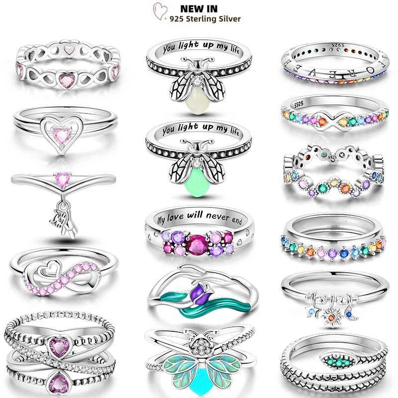 Luminous Firefly 925 Sterling Silver Ring Sparkling Rainbow Color Heart bone Flower Original Rings For Women Wedding Jewelry M251215