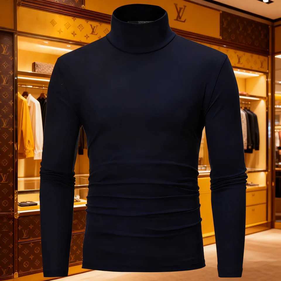 2025 Autumn Winter Mens High Neck T-shirt Slim Fit Fashion High Elastic Long Sleeve Cotton Casual Breathable Apparel Pullover G251215