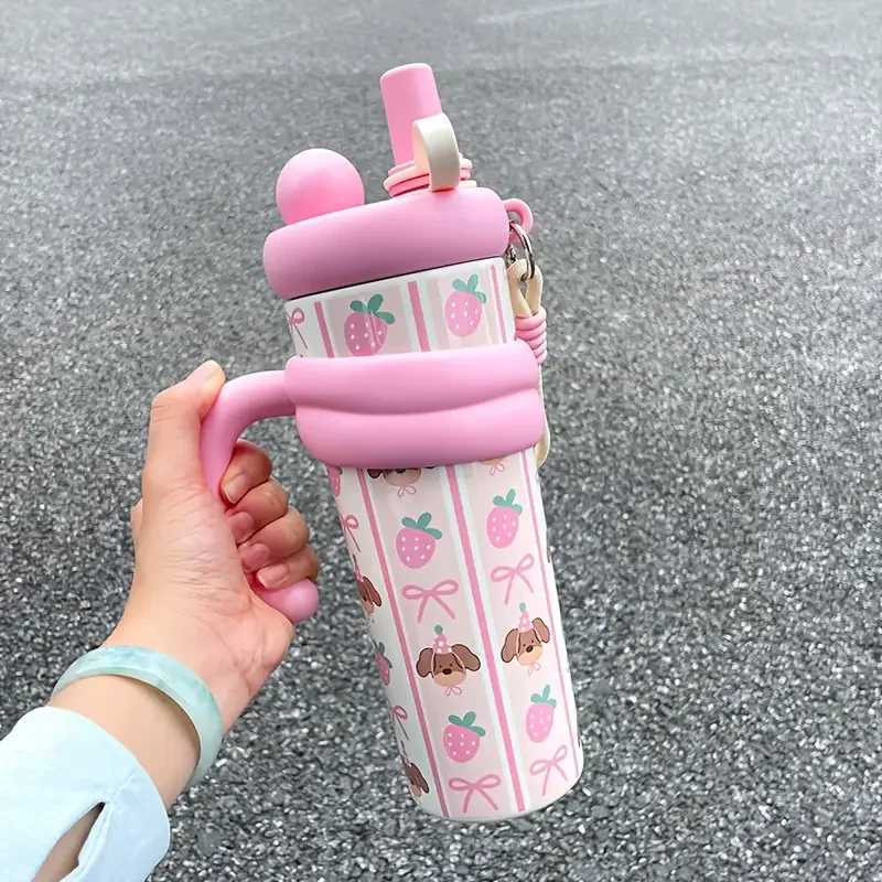 Cute Vacuum Thermos Bottle Double Wall Insulated Straw Tumbler Leakproof Tumbler with Handle Thermos for Car Camping Drinkware H251215