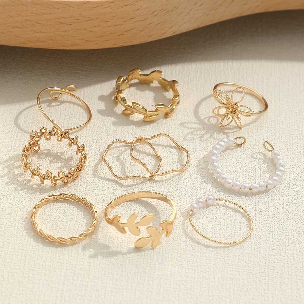 10pcs/Set New Fashion Imitation Flower Pearl Petal Wave Twist Simple Metal Hollow Ring Suitable For Womens Daily Wear M251215