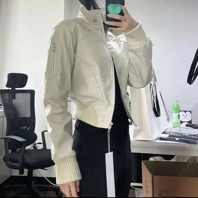 Women Vintage American Pu Leather Jacket Motorcycle Stand Collar Long Sleeve Outwear Harajuku Y2K Slim Punk Zip Cropped Coat 251205