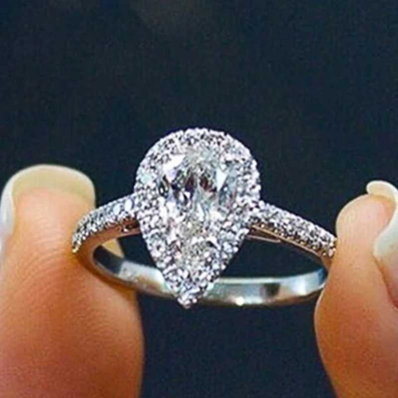 Huitan Pink/Crystal Waterdrop Cubic Zircon Rings for Women Classic Design Eternity Wedding Engagement Rings Silver Color Jewelry M251215