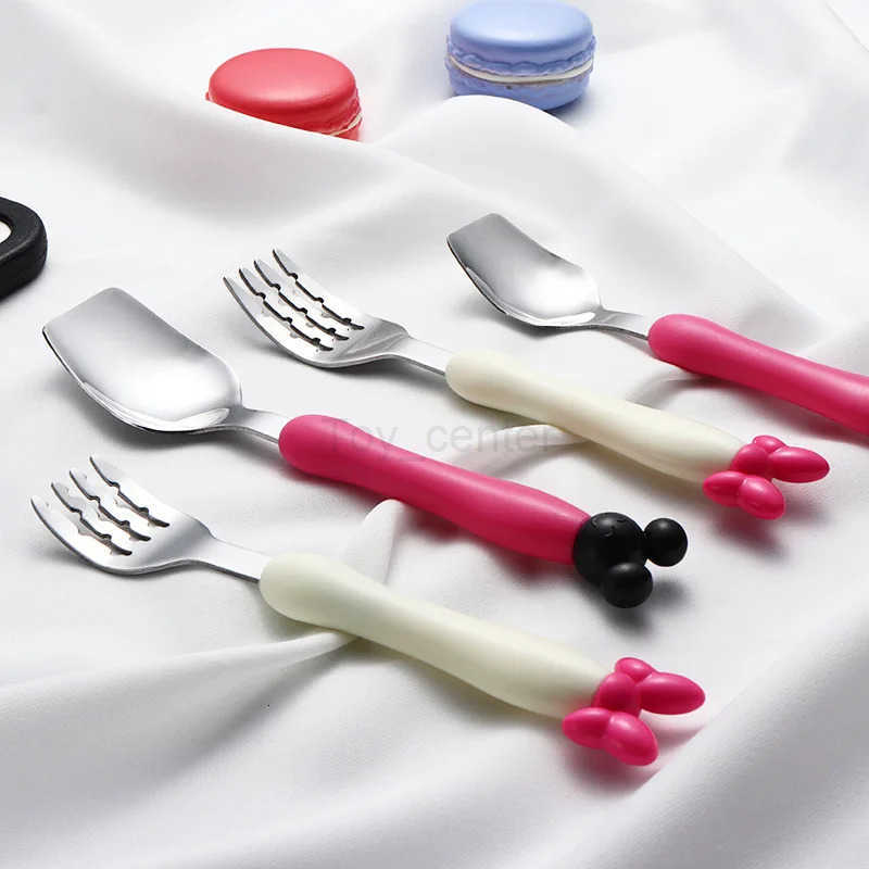 Disney Lovely Mickey Minnie Stainless Steel Fork Spoon Kids Flatware Set Child Soft Silicone Handle Children Cutlery Dinnerware H251215