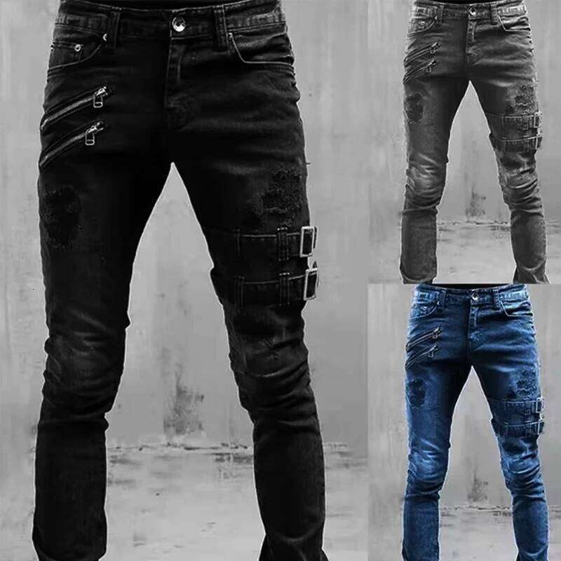 Men's Retro Moto Biker Straight Elastic Jeans Zipper Distress Hole Punk Skinny Denim Cargo Pants Streetwear Y2K Hombre Trousers C251215