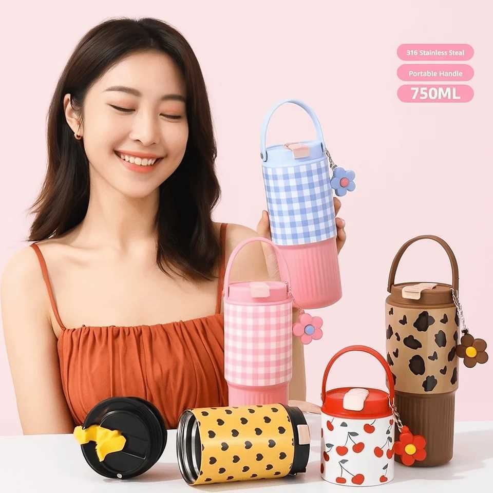 Fashion 316 Stainless Steel Thermo Water Bottle 750ML Large Capacity Vacuum Flask Leak Proof with Drinking Straw Tumbler Office H251215