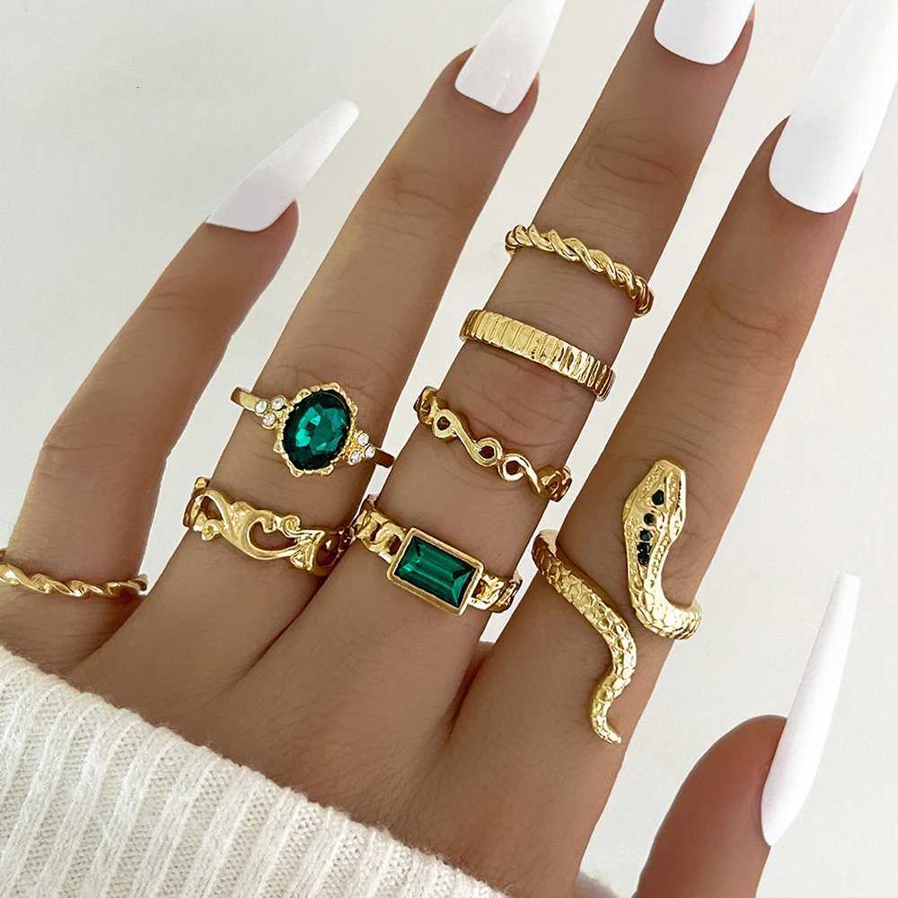 8Pcs/Set Ins Style Vintage Faux Gemstone Snake Twist Ring For Women Retro Ocean Wave Geometric Setting Rhinestone Ring Set M251215