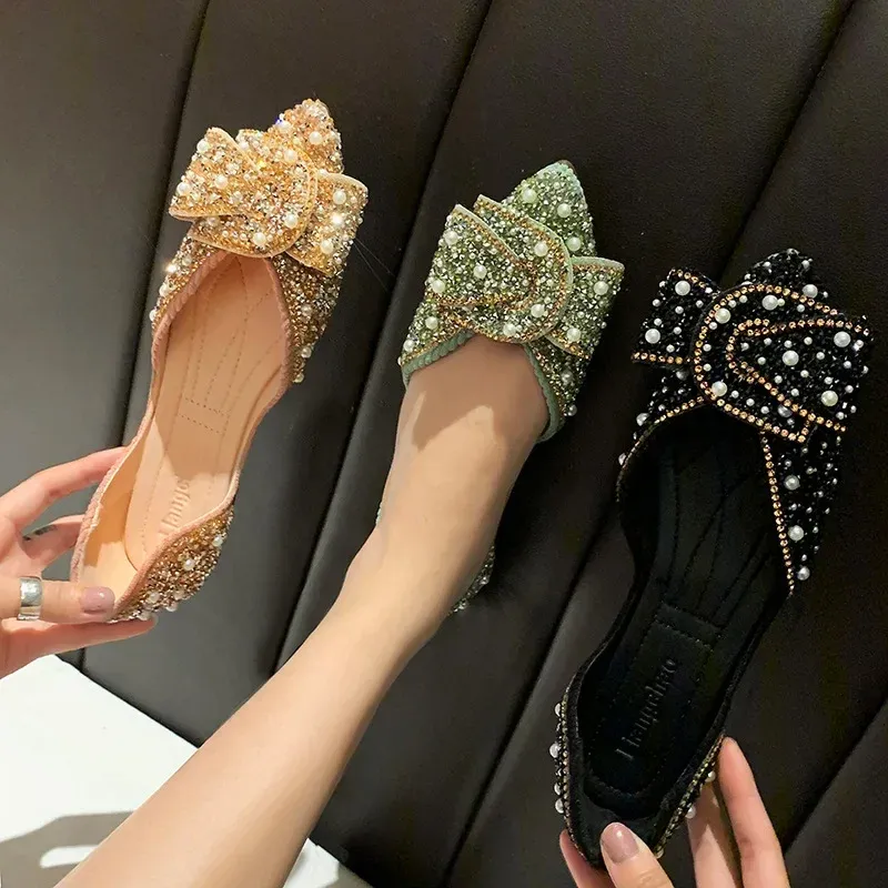 Women's slippers Korean version flat sole single shoes women's spring and summer new style shallow mouth pointed soft sole bow tie rhineston