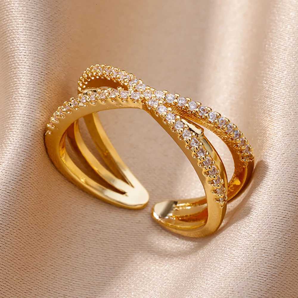 Fashion Chain Hollow Out Rings For Women Gold Color Stainless Steel Zircon Cross Open Ring Trendy Wedding Aesthetic Jewerly Gift M251215