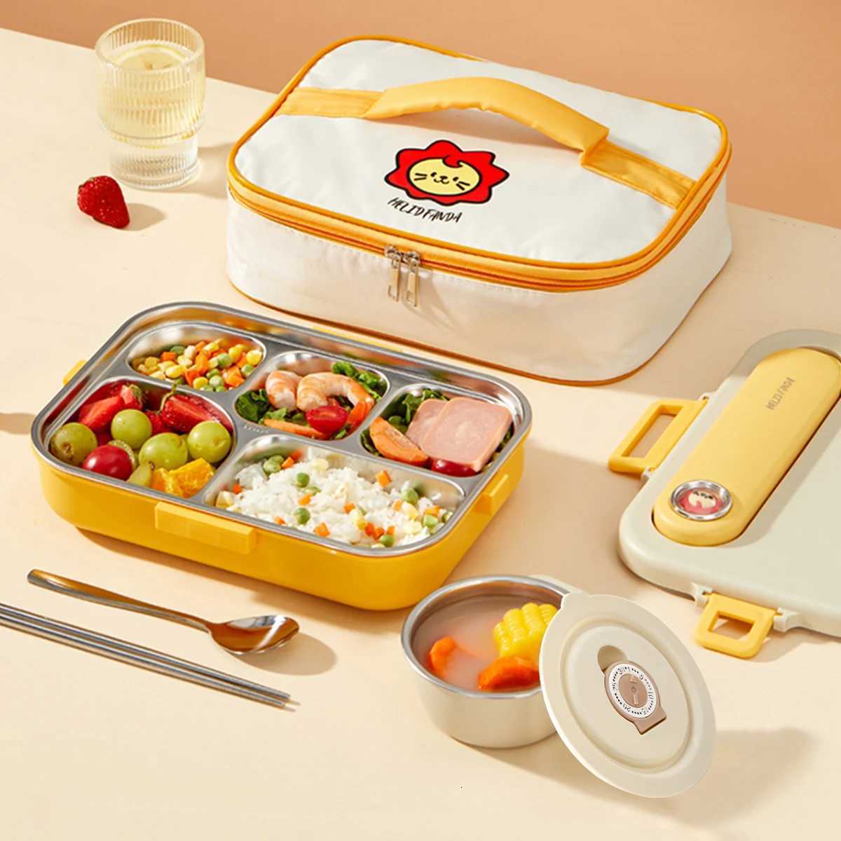 WORTHBUY 4/5 Grid 304 Stainless Steel Lunch Box For Kids Students With Cutlery Microwave Safe Large Capacity Sed Bento Box H251213